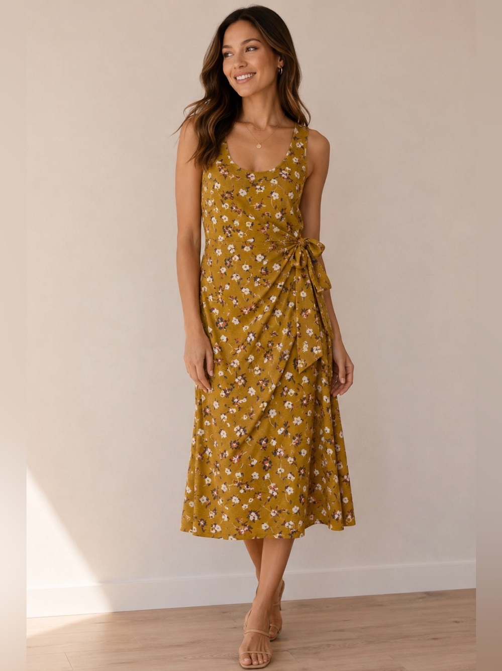 Pact Organic Cotton Floral Wrap Midi Dress Yellow Mustard Sleeveless
